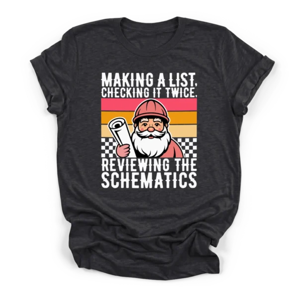 Retro vector illustration of Santa in a hard hat holding blueprints with text reviewing the schematics on a Premium T-Shirt.