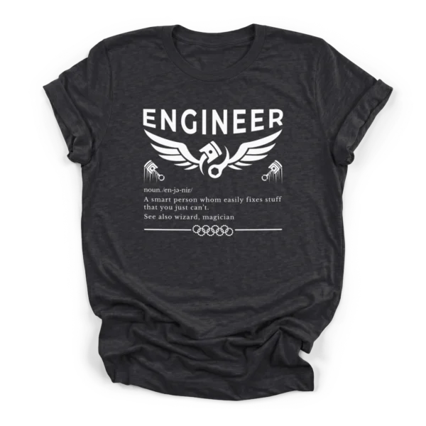 Vector graphic of winged piston and wrench with a funny engineer dictionary definition on a Premium T-Shirt.