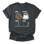 Four panel orthographic projection drawing of a coffee cup on a gear with funny engineering text on a Classic T-Shirt.
