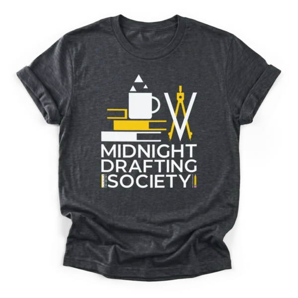 Geometric vector illustration of a coffee mug, drafting compass, and books with text Midnight Drafting Society on a Classic T-Shirt.