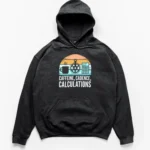 Retro sunset graphic with a coffee mug, bike chainring, calculator showing syntax error, and Caffeine Cadence Calculations text on a Hoodie.