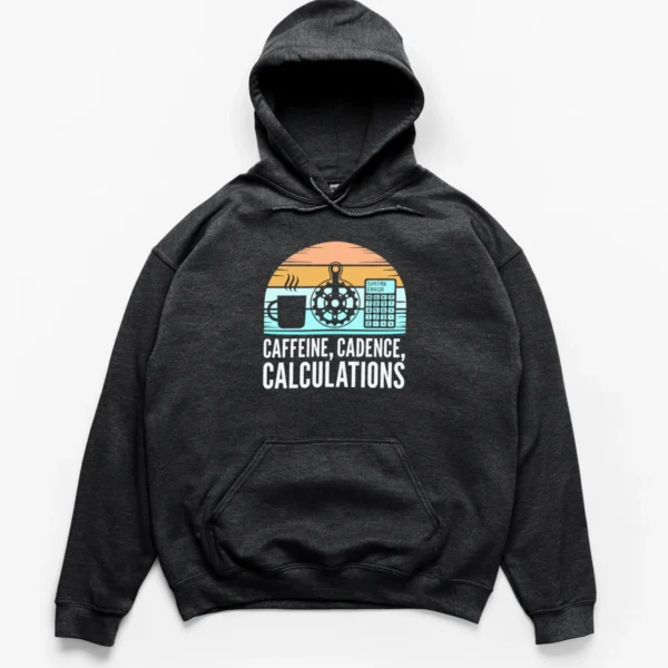 Retro sunset graphic with a coffee mug, bike chainring, calculator showing syntax error, and Caffeine Cadence Calculations text on a Hoodie.