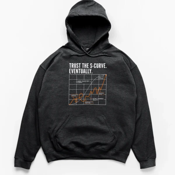 Humorous graph design on a Hoodie showing a smooth planned S-curve trajectory versus a chaotic actual progress line with project delays.