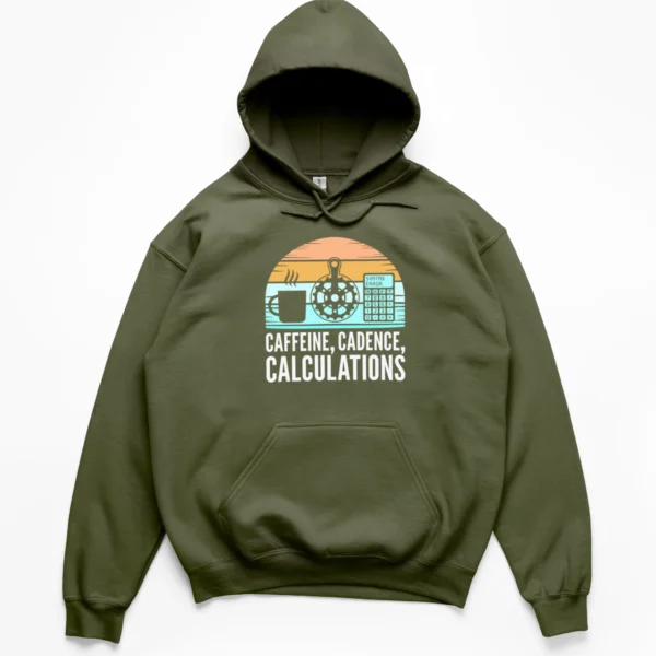 Retro sunset graphic with a coffee mug, bike chainring, calculator showing syntax error, and Caffeine Cadence Calculations text on a Hoodie.