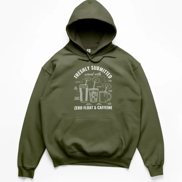 Line art drawing of three coffee cups annotated with project management terms like zero float and critical path on a Hoodie.