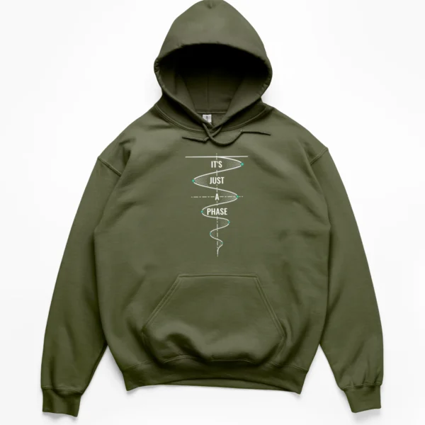 Vintage distressed continuous line art of a harmonic oscillator wave and the text Its Just a Phase on a Hoodie.