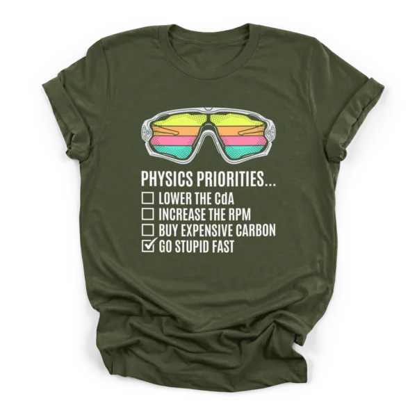 Vintage cycling sunglasses above a checklist reading physics priorities lower cda increase rpm go stupid fast on a Premium T-Shirt.