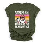 Retro vector illustration of Santa in a hard hat holding blueprints with text reviewing the schematics on a Premium T-Shirt.