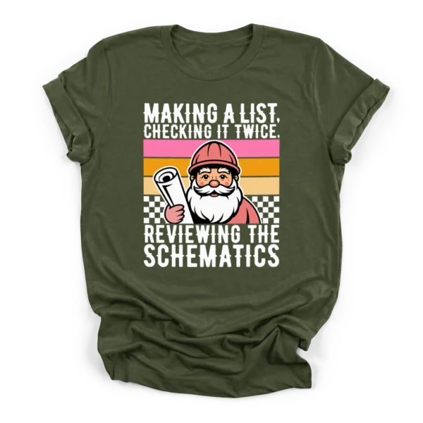 Retro vector illustration of Santa in a hard hat holding blueprints with text reviewing the schematics on a Premium T-Shirt.