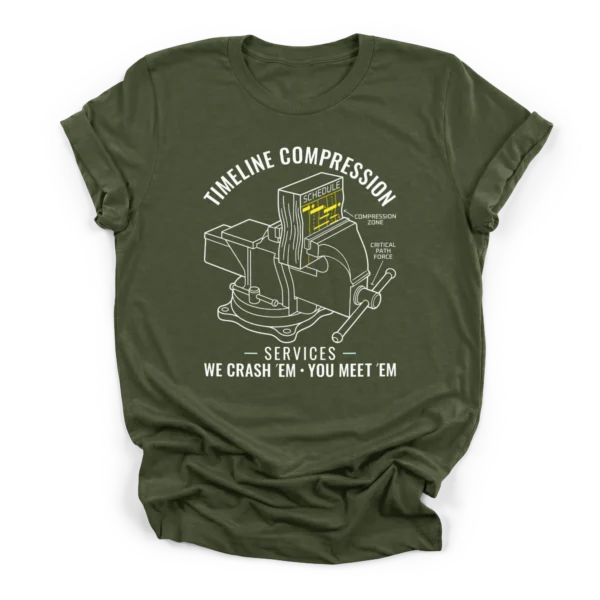 Line art of a bench vise crushing a project schedule Gantt chart with text Timeline Compression Services on a Premium T-Shirt.