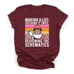 Retro vector illustration of Santa in a hard hat holding blueprints with text reviewing the schematics on a Premium T-Shirt.