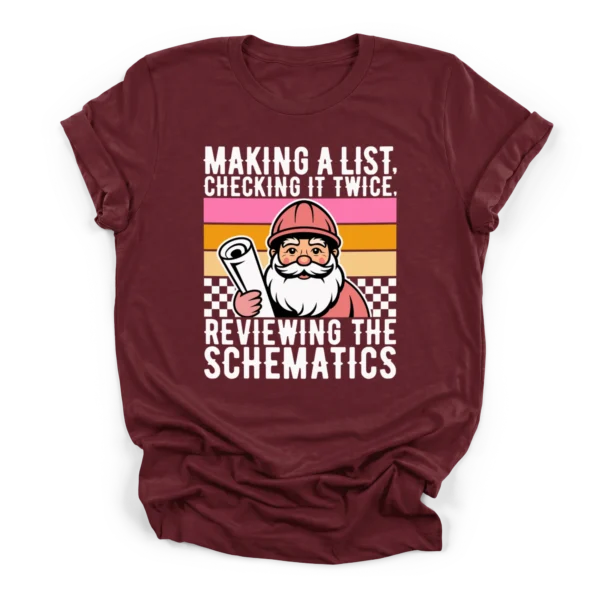 Retro vector illustration of Santa in a hard hat holding blueprints with text reviewing the schematics on a Premium T-Shirt.