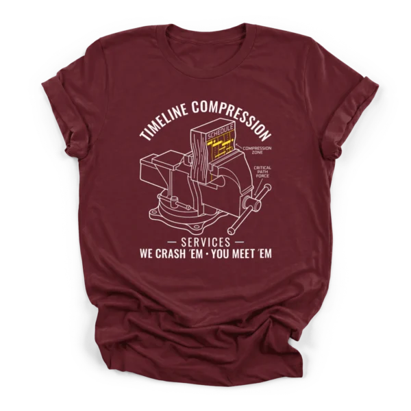 Line art of a bench vise crushing a project schedule Gantt chart with text Timeline Compression Services on a Premium T-Shirt.