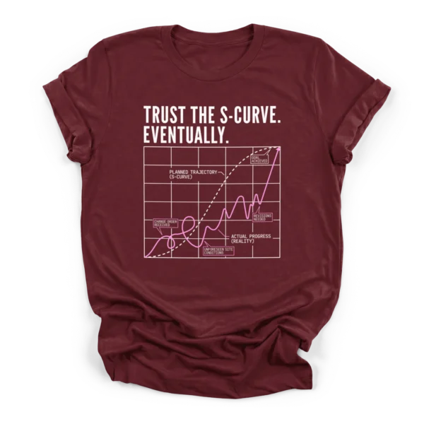 Humorous graph design on a Premium T-Shirt showing a smooth planned S-curve trajectory versus a chaotic actual progress line with project delays.