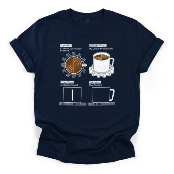 Four panel orthographic projection drawing of a coffee cup on a gear with funny engineering text on a Classic T-Shirt.