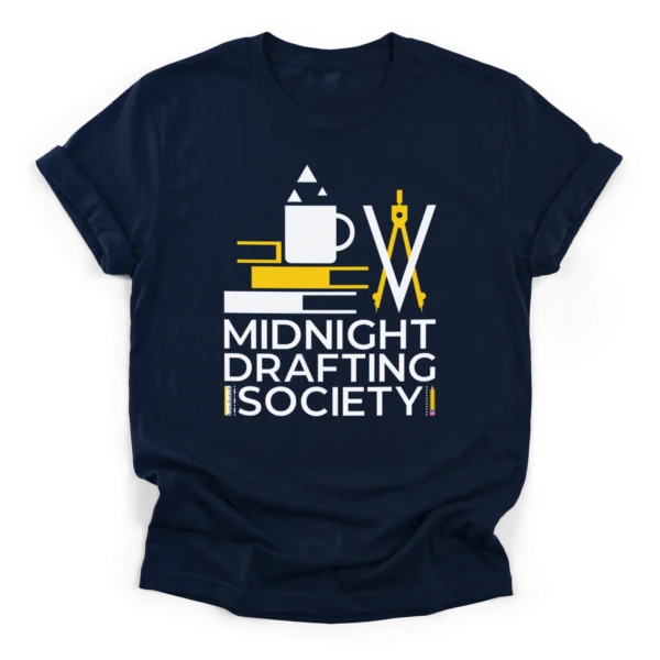 Geometric vector illustration of a coffee mug, drafting compass, and books with text Midnight Drafting Society on a Classic T-Shirt.