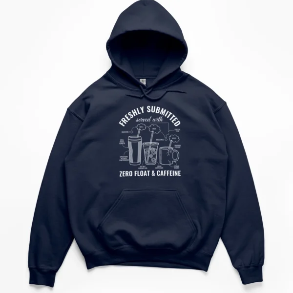 Line art drawing of three coffee cups annotated with project management terms like zero float and critical path on a Hoodie.