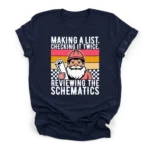 Retro vector illustration of Santa in a hard hat holding blueprints with text reviewing the schematics on a Premium T-Shirt.