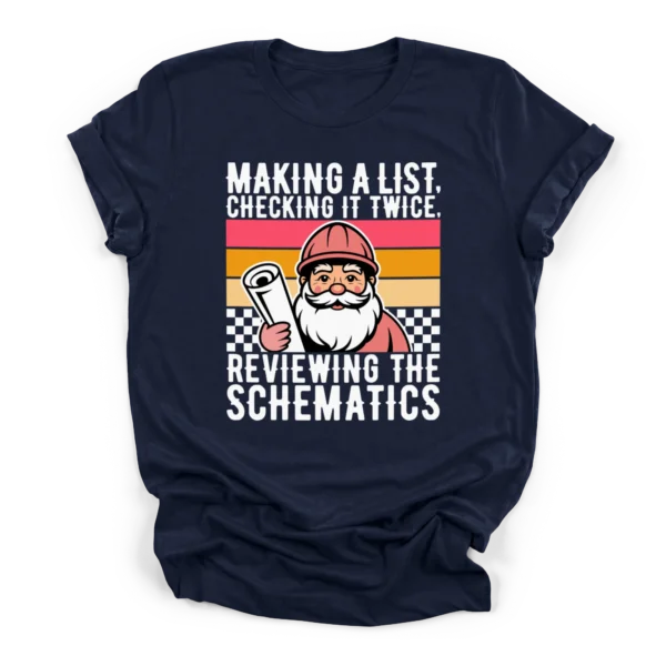 Retro vector illustration of Santa in a hard hat holding blueprints with text reviewing the schematics on a Premium T-Shirt.
