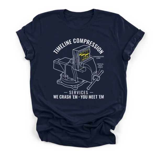 Line art of a bench vise crushing a project schedule Gantt chart with text Timeline Compression Services on a Premium T-Shirt.