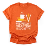 Geometric vector illustration of a coffee mug, drafting compass, and books with text Midnight Drafting Society on a Classic T-Shirt.