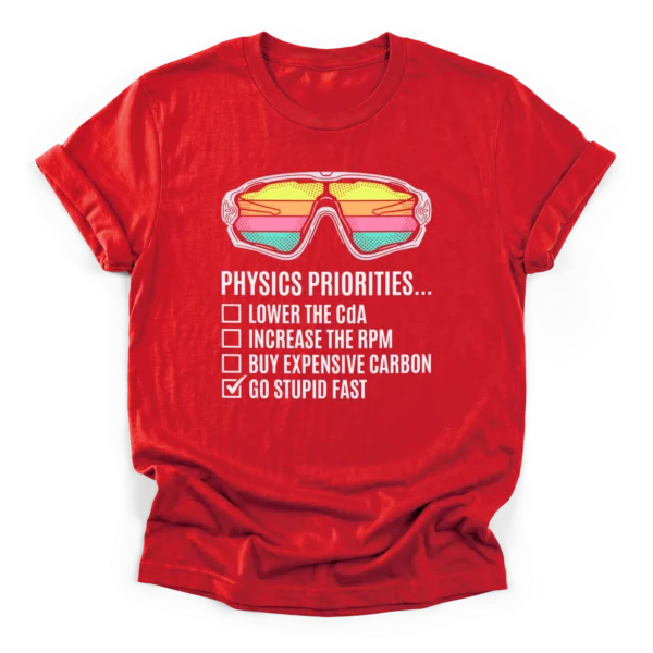 Vintage cycling sunglasses above a checklist reading physics priorities lower cda increase rpm go stupid fast on a Classic T-Shirt.