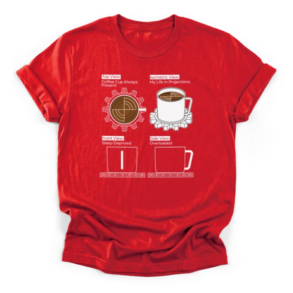 Four panel orthographic projection drawing of a coffee cup on a gear with funny engineering text on a Classic T-Shirt.