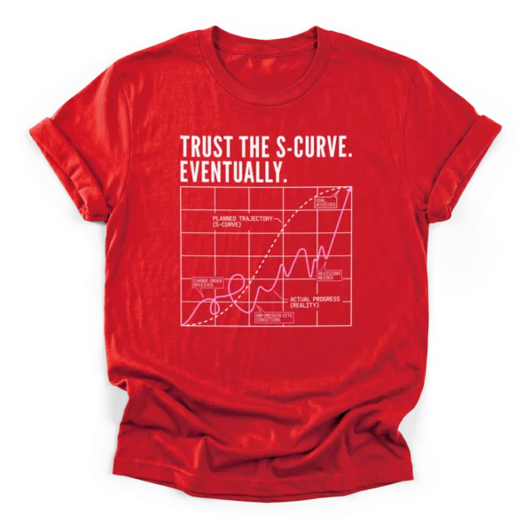 Humorous graph design on a Classic T-Shirt showing a smooth planned S-curve trajectory versus a chaotic actual progress line with project delays.