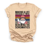 Retro vector illustration of Santa in a hard hat holding blueprints with text reviewing the schematics on a Premium T-Shirt.