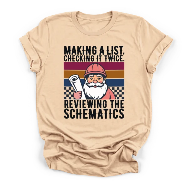 Retro vector illustration of Santa in a hard hat holding blueprints with text reviewing the schematics on a Premium T-Shirt.