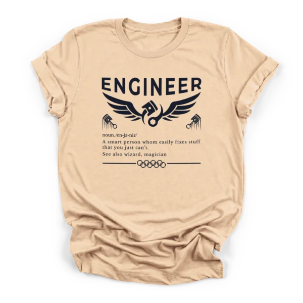 Vector graphic of winged piston and wrench with a funny engineer dictionary definition on a Premium T-Shirt.
