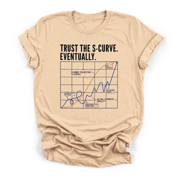 Humorous graph design on a Premium T-Shirt showing a smooth planned S-curve trajectory versus a chaotic actual progress line with project delays.