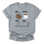 Four panel orthographic projection drawing of a coffee cup on a gear with funny engineering text on a Classic T-Shirt.