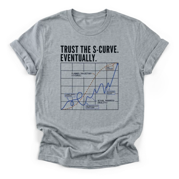 Humorous graph design on a Classic T-Shirt showing a smooth planned S-curve trajectory versus a chaotic actual progress line with project delays.
