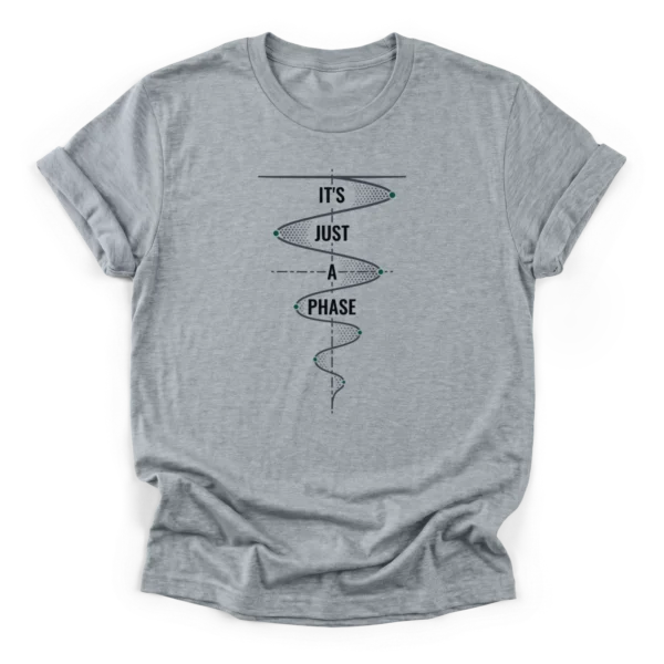 Vintage distressed continuous line art of a harmonic oscillator wave and the text Its Just a Phase on a Classic T-Shirt.