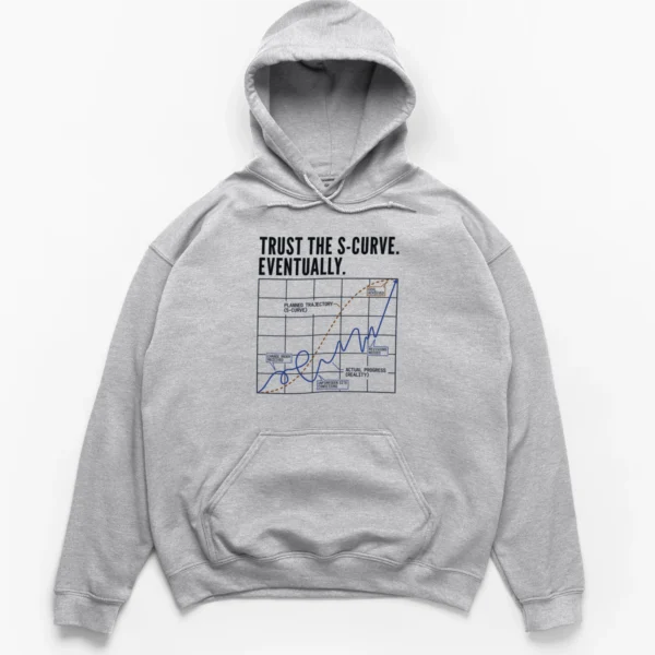 Humorous graph design on a Hoodie showing a smooth planned S-curve trajectory versus a chaotic actual progress line with project delays.