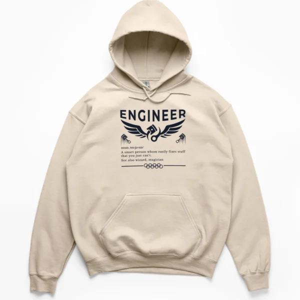 Vector graphic of winged piston and wrench with a funny engineer dictionary definition on a Hoodie.