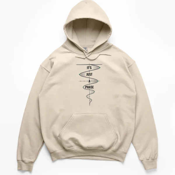 Vintage distressed continuous line art of a harmonic oscillator wave and the text Its Just a Phase on a Hoodie.