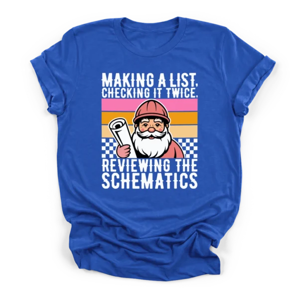 Retro vector illustration of Santa in a hard hat holding blueprints with text reviewing the schematics on a Premium T-Shirt.