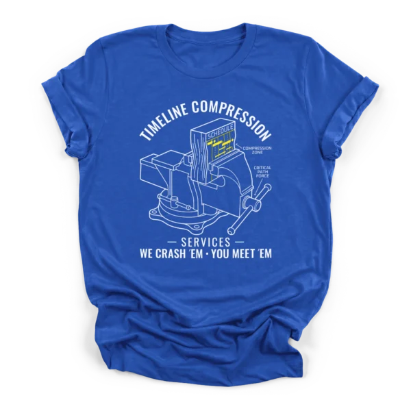 Line art of a bench vise crushing a project schedule Gantt chart with text Timeline Compression Services on a Premium T-Shirt.