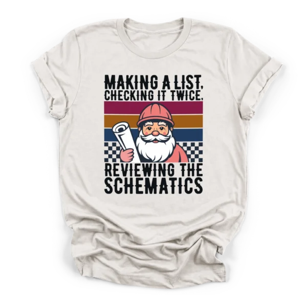 Retro vector illustration of Santa in a hard hat holding blueprints with text reviewing the schematics on a Premium T-Shirt.