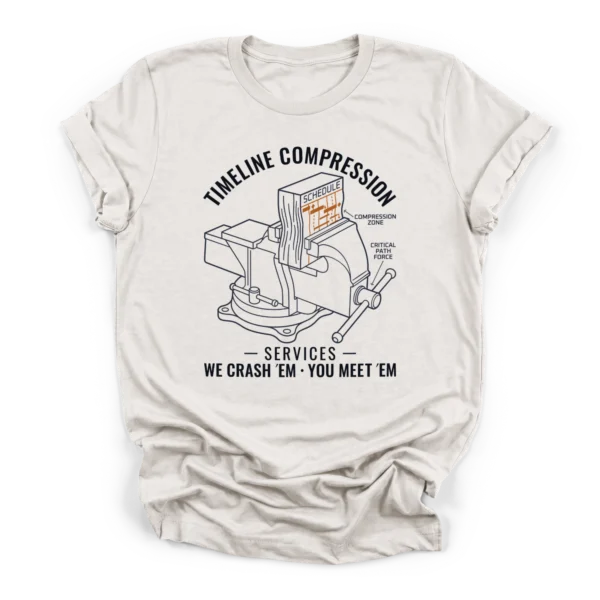Line art of a bench vise crushing a project schedule Gantt chart with text Timeline Compression Services on a Premium T-Shirt.