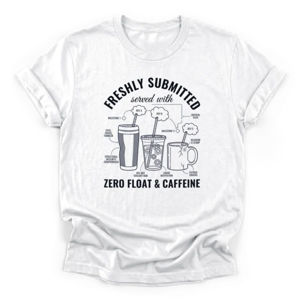 Line art drawing of three coffee cups annotated with project management terms like zero float and critical path on a Classic T-Shirt.