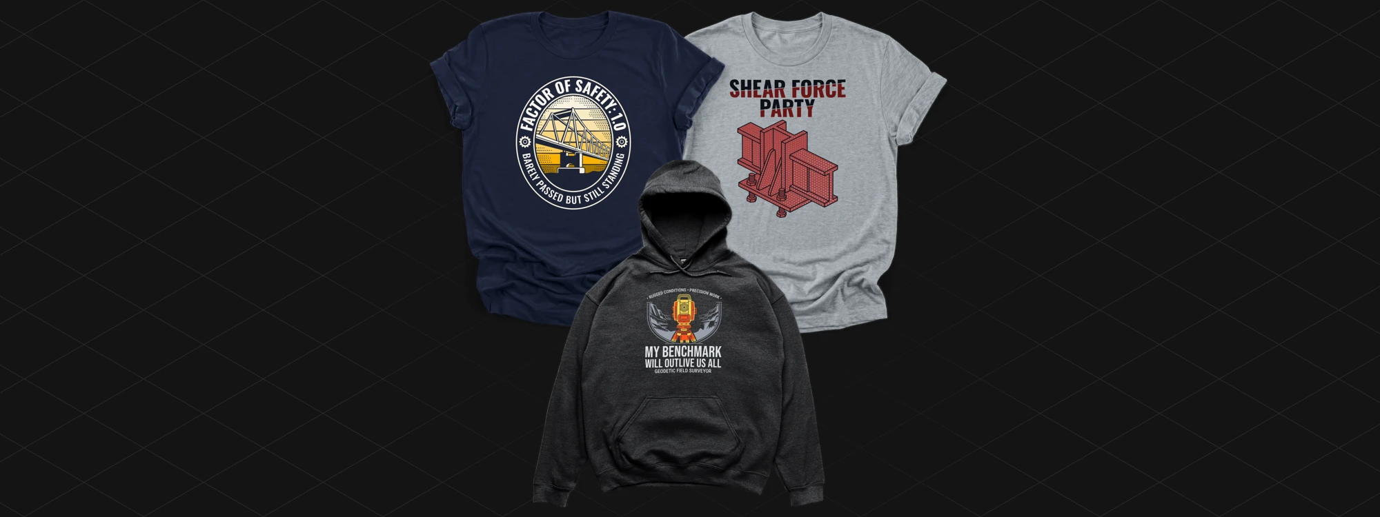 Three garment mockups featuring My Benchmark Will Outlive Us All, Shear Force, and Factor of Safety 1.0 designs for the Civil apparel collection