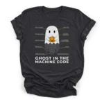 Technical schematic illustration of a ghost holding a jack-o-lantern with a tail of falling binary code on a Premium T-Shirt.