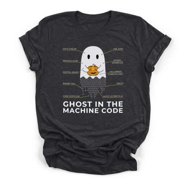 Technical schematic illustration of a ghost holding a jack-o-lantern with a tail of falling binary code on a Premium T-Shirt.