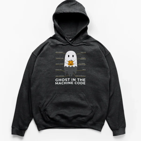 Technical schematic illustration of a ghost holding a jack-o-lantern with a tail of falling binary code on a Hoodie.