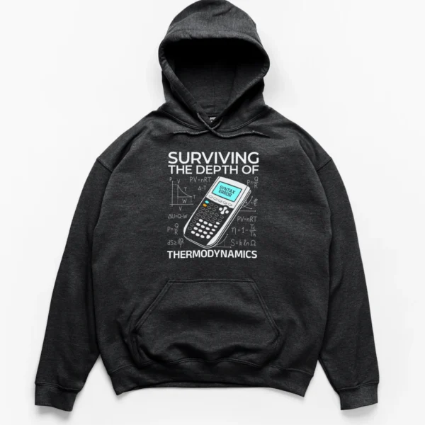 A graphing calculator displaying syntax error surrounded by thermodynamic equations like PV=nRT on a Hoodie.