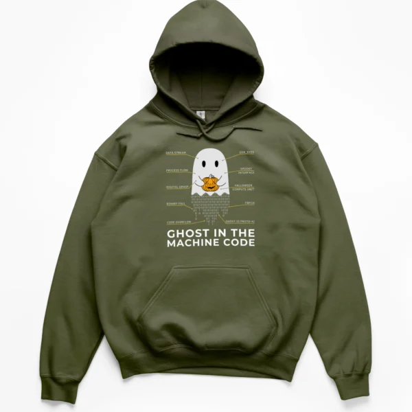 Technical schematic illustration of a ghost holding a jack-o-lantern with a tail of falling binary code on a Hoodie.
