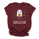 Technical schematic illustration of a ghost holding a jack-o-lantern with a tail of falling binary code on a Premium T-Shirt.